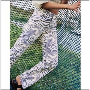 Zara Jeans‎ Womens 2 Cream Blue Wavy Squiggle Print High Rise Straight Leg Jeans